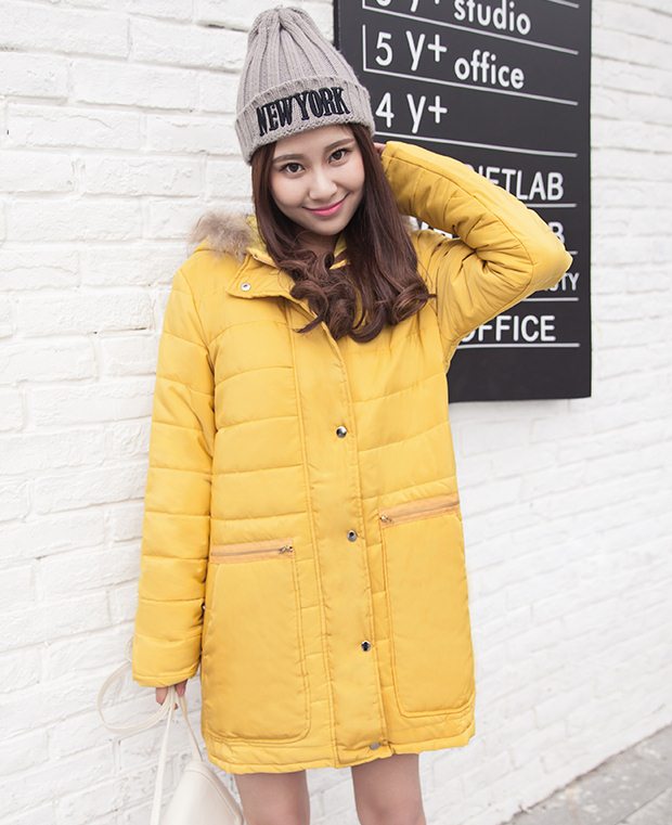 PreOrderคนอ้วน - เสื้อกันหนาวแฟชั่น ผ้าฝ้ายโพลิเอสเตอร์บุนวม ไม่หนามาก มีHood ขนเฟอร์ สีเหลือง
