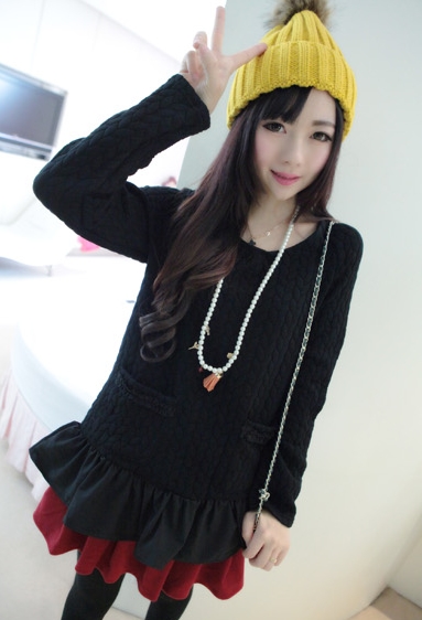 Pre Order - เสื้อกันหนาวแฟชั่นเกาหลี กระเป๋าหน้าสองข้าง ชายเสื้อทำเป็นกระโปรงเย็บติดกัน : สีขาว / สีเทา / สีดำ