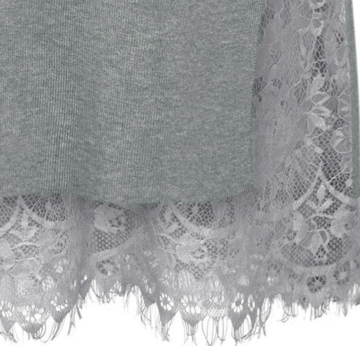 PreOrderคนอ้วน - เสื้อไหมพรมกันหนาวไซส์ใหญ่ เสื้อไหมพรมเป็นเดรสยาว เย็บผ้าลูกไม้ด้านล่าง สีเทา