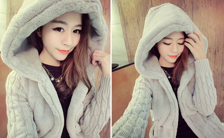 PreOrderคนอ้วน - เสื้อกันหนาวแฟชั่น ไซส์ใหญ่ คนอ้วน เสื้อกันหนาวไซส์ใหญ่ ผ้าถักไหมพรม+ผ้าหนังสัตว์ มี Hood สี : เทา / แอปริคอท