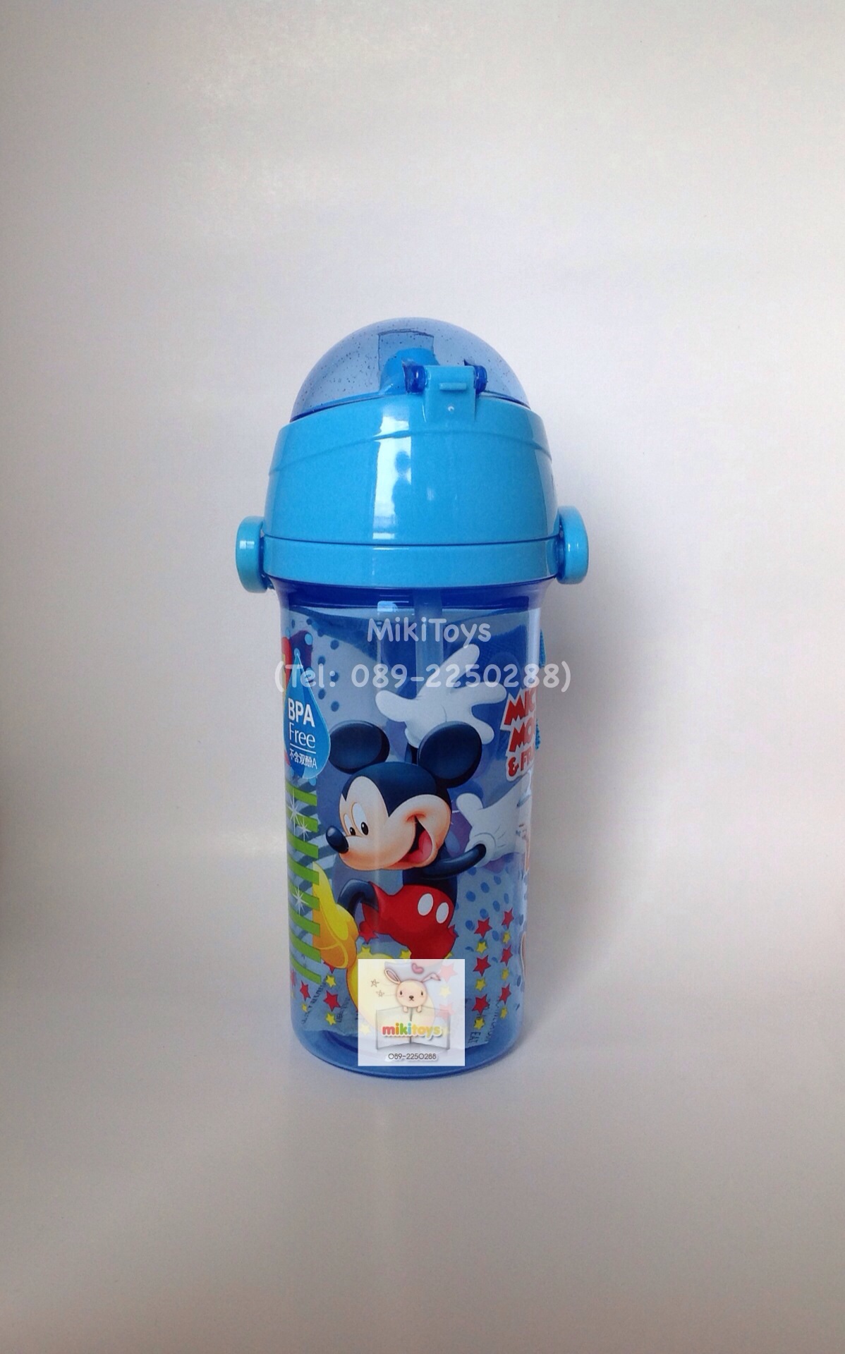 ✅กระติกน้ำมิกกี้เมาส์ Disney Mickey Mouse สีฟ้าใส 380ml. รุ่นฝาเด้ง หลอดในตัว ลายสกรีนสวย **BPA Free ปลอดภัย