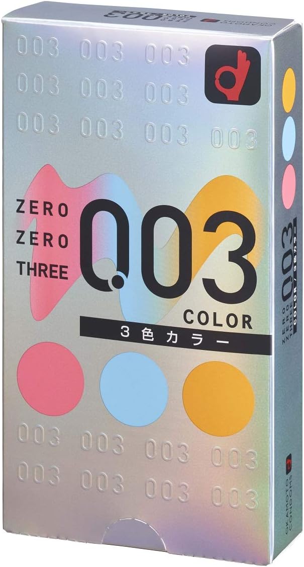 Okamoto 0.03 ZERO ZERO 3 colors (สี ชมพู ฟ้า เหลือง) 1 กล่อง บรรจุ 12 ชิ้น