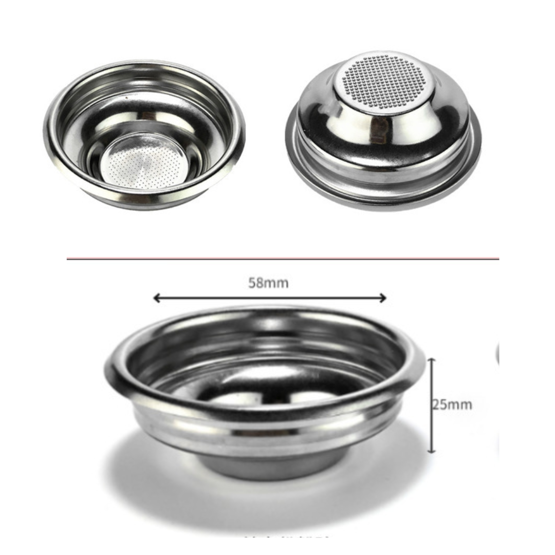 อะไหล่ตะแกรงชงกาแฟ 1 ช็อต สแตนเลส 58 มม. มีร่องล็อคลวด ใช้กับเครื่องชงกาแฟ Gemelai และ Minimex รหัส 2446