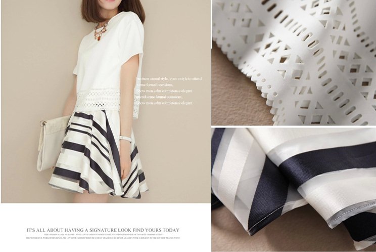 ##พร้อมส่ง## เซตคู่แฟชั่น เสื้อ-กระโปรงสั้น (2 ชิ้น) ผ้าโพลิเอสเตอร์ เสื้อแขนสั้นฉลุลายช่วงเอว กระโปรงสั้นแต่งลาย สี : ชุดเสื้อน้ำเงิน