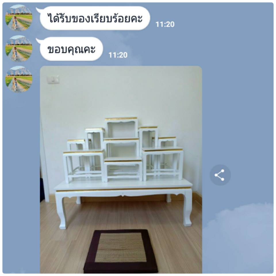 โต๊ะหมู่บูชา หมู่ 9 หน้า 6 แถบทอง ไม้ทุเรียน ขาตรง สีขาว