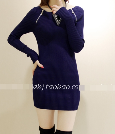 Pre Order - เสื้อกันหนาวแฟชั่น มินิเดรส ใส่เปิดไหล่เซ็กซี่ก็ได้ ติดซิบตรงไหล่หน้าสองข้าง : สีดำ / สีน้ำเงิน / สีแดง