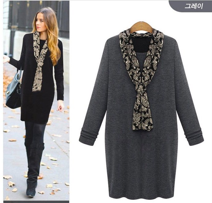 PreOrderคนอ้วน - เสื้อกันหนาวแฟชั่น ไซส์ใหญ่ คนอ้วน เสื้อยืดกันหนาวตัวยาว พร้อมผ้าพันคอ ใส่ซับด้านใน สี : ดำ / เทา
