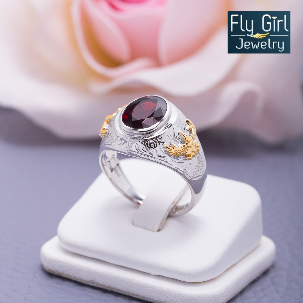 แหวนครุฑพลอยโกเมนแท้เงินแท้ลายไทยสวยคลาสสิค(ราศีมังกร) ใส่รับโชคปีใหม่ช่วยปกป้องคุ้มครอง