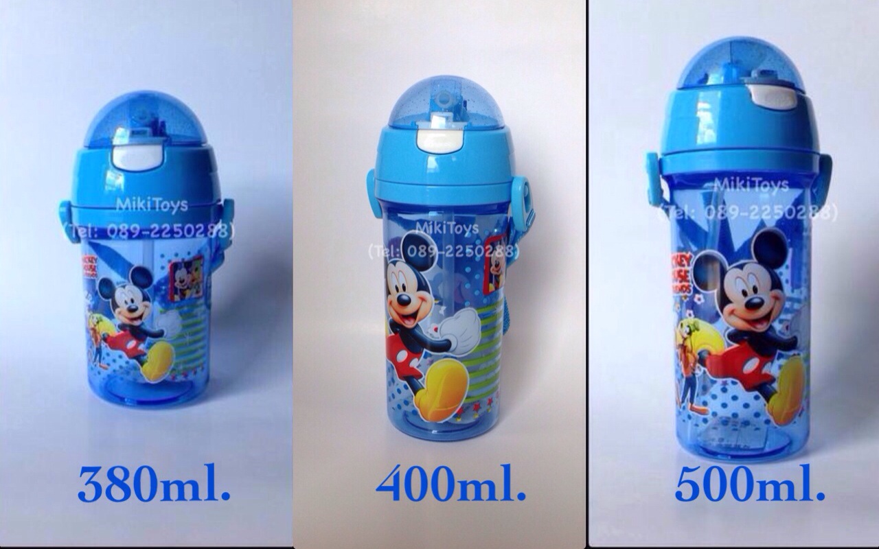 ✅กระติกน้ำมิกกี้เมาส์ Disney Mickey Mouse สีฟ้าใส 380ml. รุ่นฝาเด้ง หลอดในตัว ลายสกรีนสวย **BPA Free ปลอดภัย