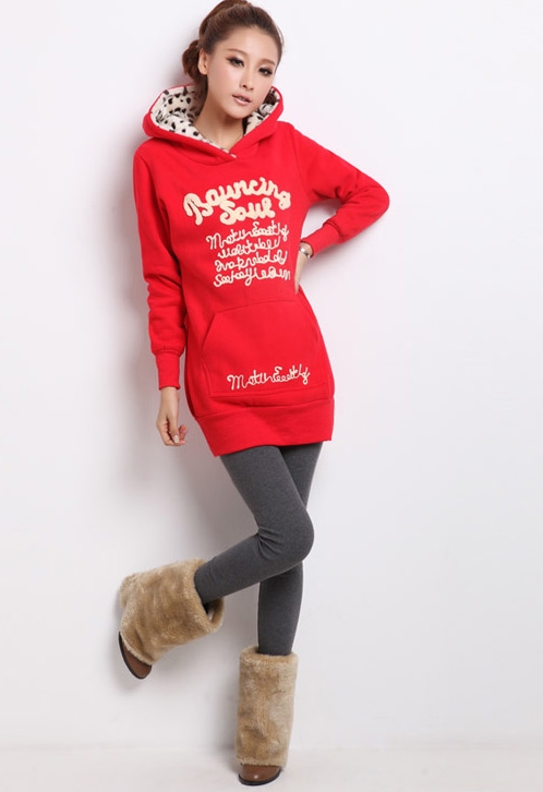 Pre Order - เสื้อกันหนาวแฟชั่น แบบยาว คอวี Hoodหลัง ข้างในลายเสือผ้ากำมะหยี่ : สีชมพู / สีดำ / สีแดง / สีขาว