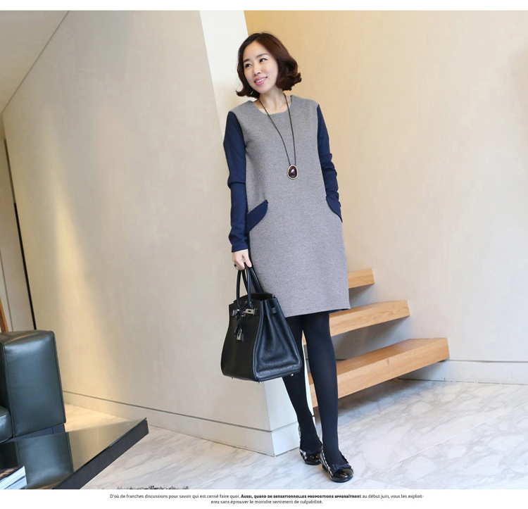 PreOrderไซส์ใหญ่ - เดรสกันหนาวแฟชั่น ไซส์ใหญ่ สไตล์สาวญี่ปุ่น สีเทาน้ำเงิน