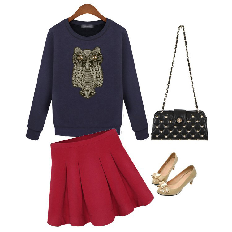 PreOrderคนอ้วน - เซตคู่กันหนาวแฟชั่น ไซส์ใหญ่ คนอ้วน เสื้อยืดคอกลมแต่งลายหน้าอกสีน้ำเงิน+กระโปรงจีบสีแดง