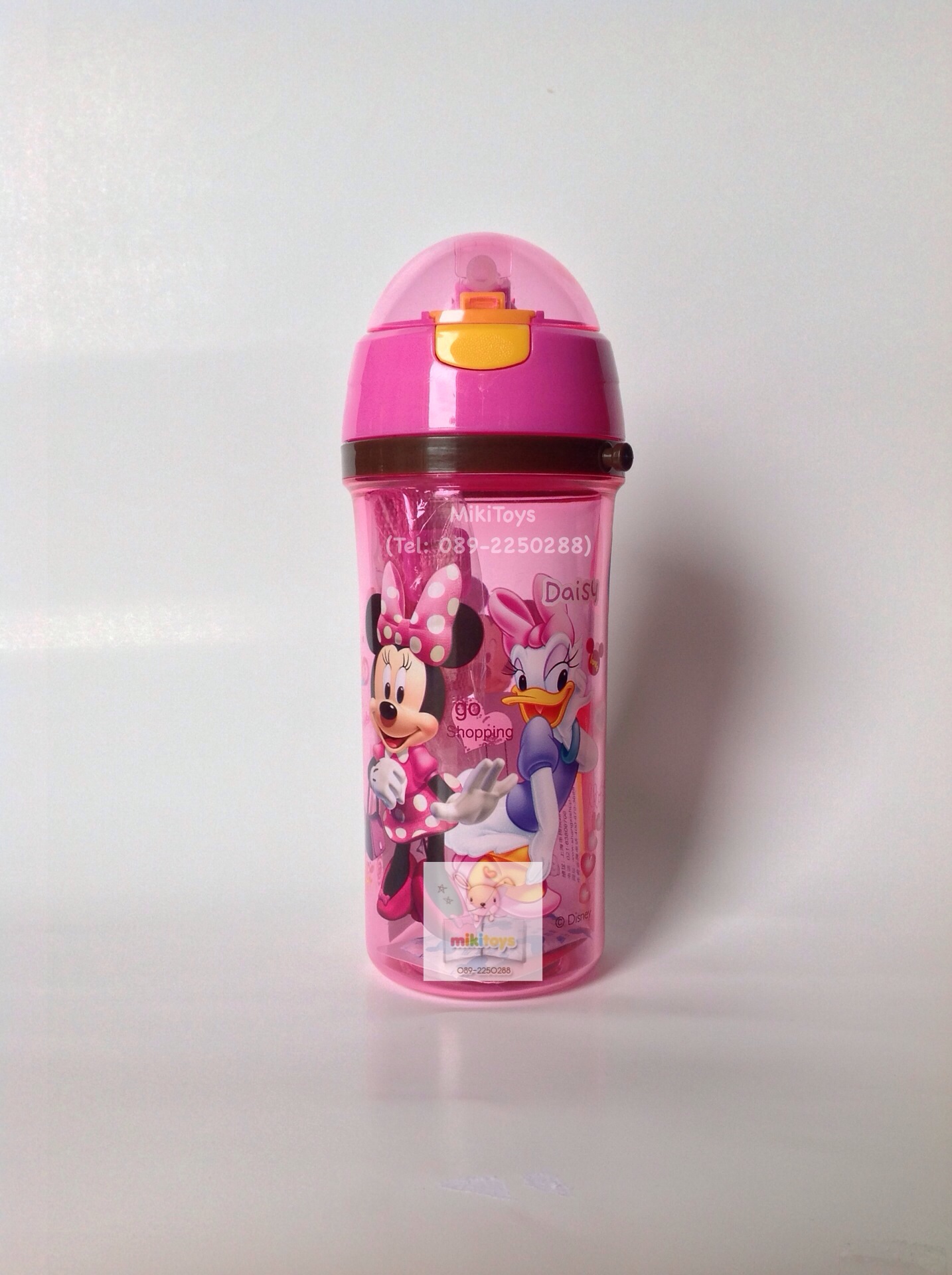 กระติกน้ำมินนี่เมาส์ MinnieMouse *BPA Freeปลอดภัย สีชมพูใส ปุ่มกดสีเหลือง ใบใหญ่จุใจ500ml.