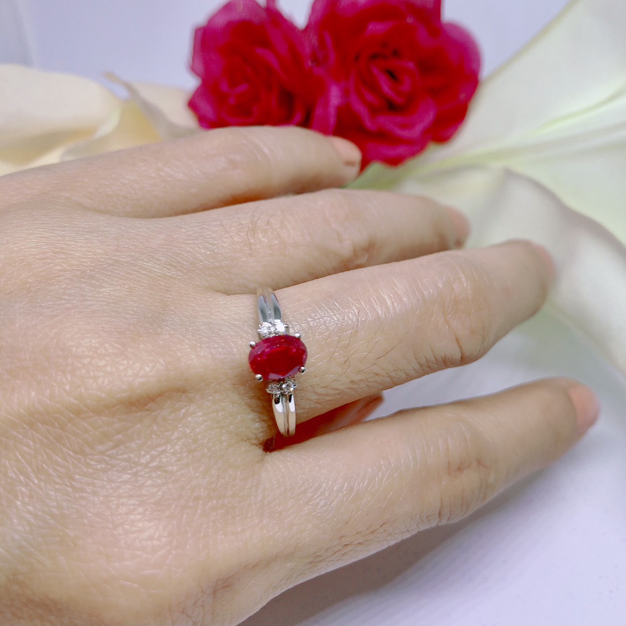 แหวนเงินแท้ พลอยทับทิมแท้ เพชรแท้(ราศีกรกฎ)