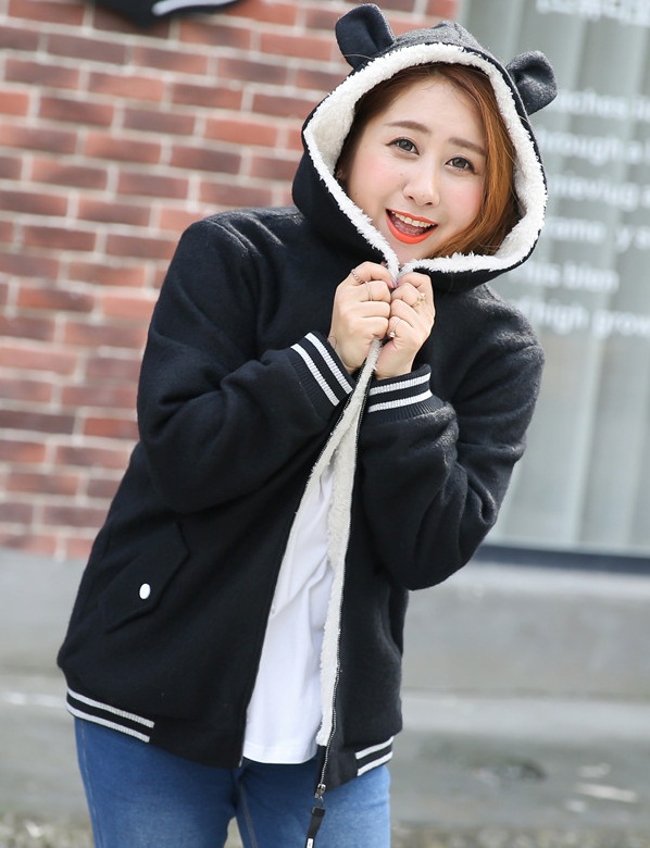 PreOrderคนอ้วน - เสื้อกันหนาว ผ้าฝ้ายโพลิเอสเตอร์ ด้านในบุขนสัตว์ มีHood สีดำ