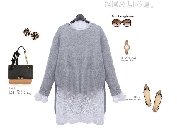 PreOrderไซส์ใหญ่ - เสื้อกันหนาวแฟชั่น ไซส์ใหญ่ คนอ้วน เสื้อ 2 ชิ้น ข้างในเป็นผ้าลูกไม้แขนยาวสีขาว ตัวนอกเป็นไหมพรมสีเทา