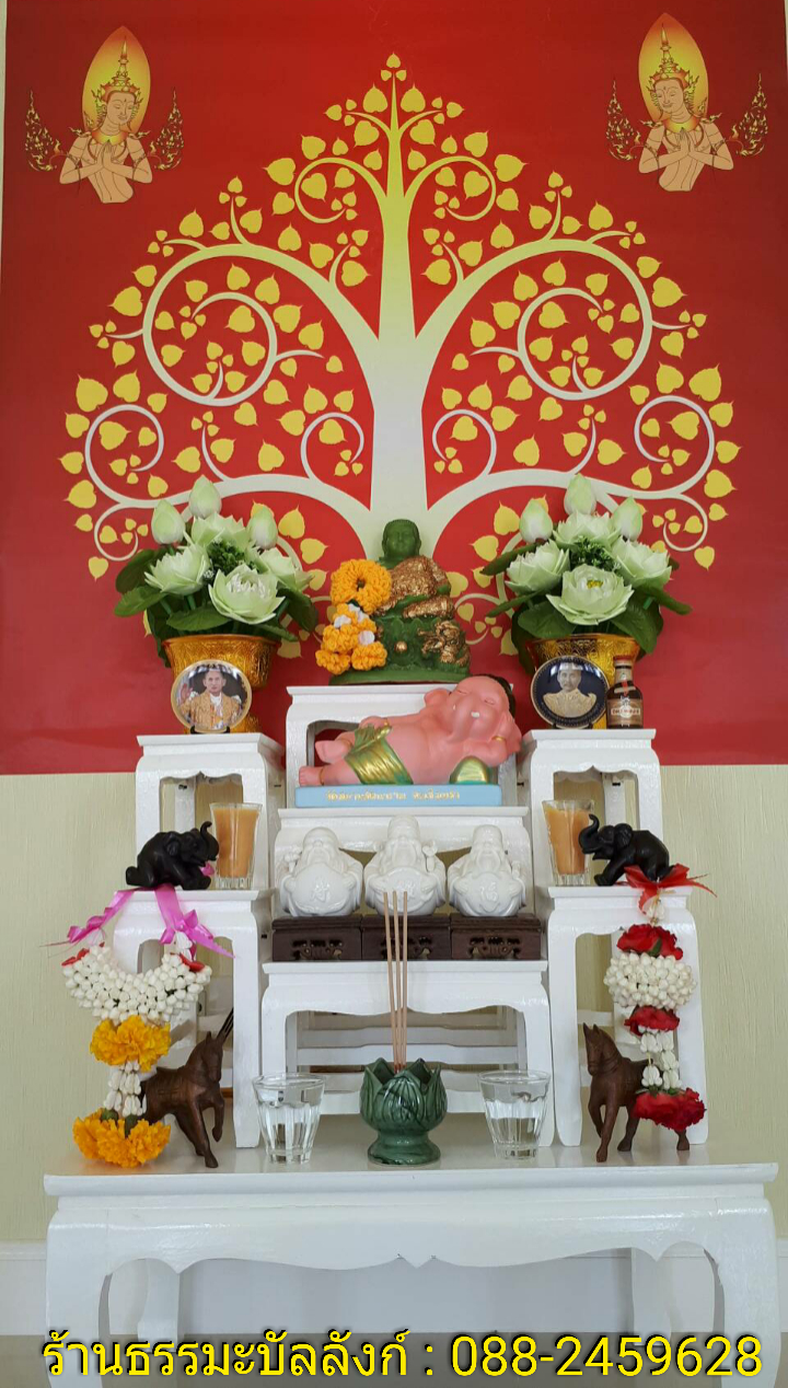 โต๊ะหมู่บูชา หมู่ 7 หน้า 5 แบบเรียบ ไม้ทุเรียน ขาตรง สีขาว (คลิ๊กดูขนาด)