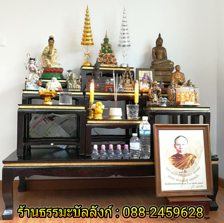 โต๊ะหมู่บูชา หมู่ 9 หน้า 8 แถบทอง ไม้ทุเรียน ขาตรง สีโอ๊ค