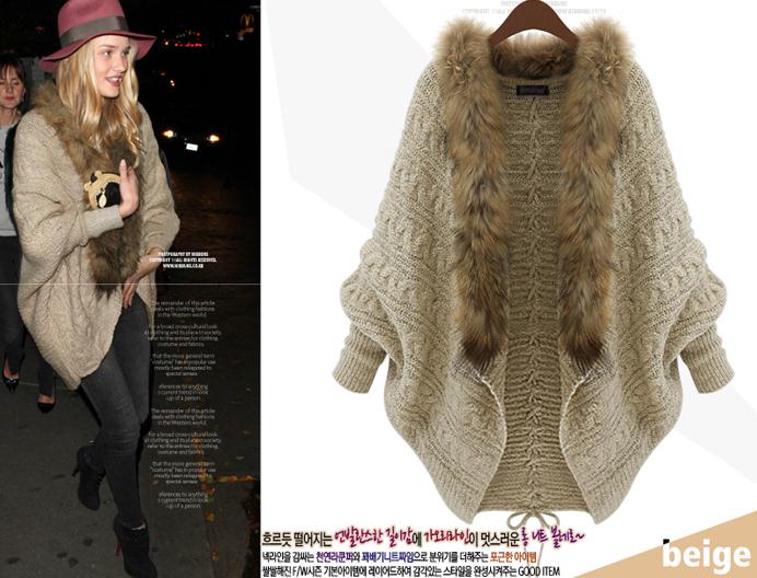 PreOrderไซส์ใหญ่ - เสื้อคลุมกันหนาวแฟชั่น ไซส์ใหญ่ คนอ้วน เสื้อไหมพรมทรงค้างคาว ติดขนสัตว์เหมือนผ้าพันคอ สีเบจ / ดำ