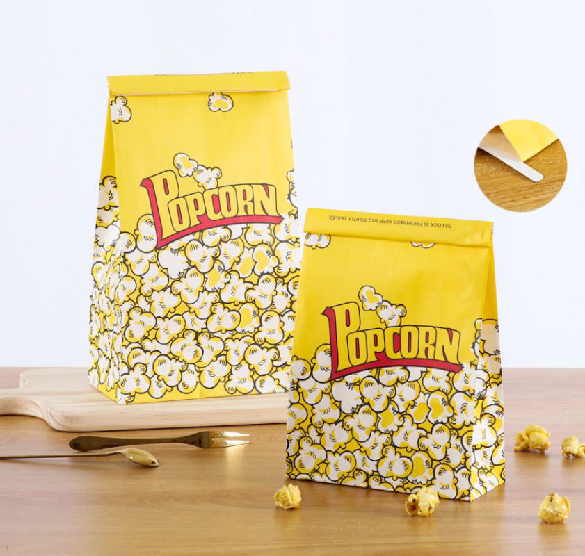 ถุงกระดาษเคลือบ กันน้ำ-น้ำมัน พิมพ์ลาย Popcorn ขนาดกลาง-ขนาดใหญ่ แบบมีลวด-ไม่มีลวด แพ็ค 50 ชิ้น