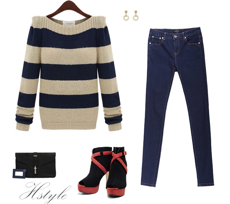 Pre Order - เสื้อกันหนาวสไตล์เกาหลี แขนยาว คอเรือ สีครีม-น้ำเงิน