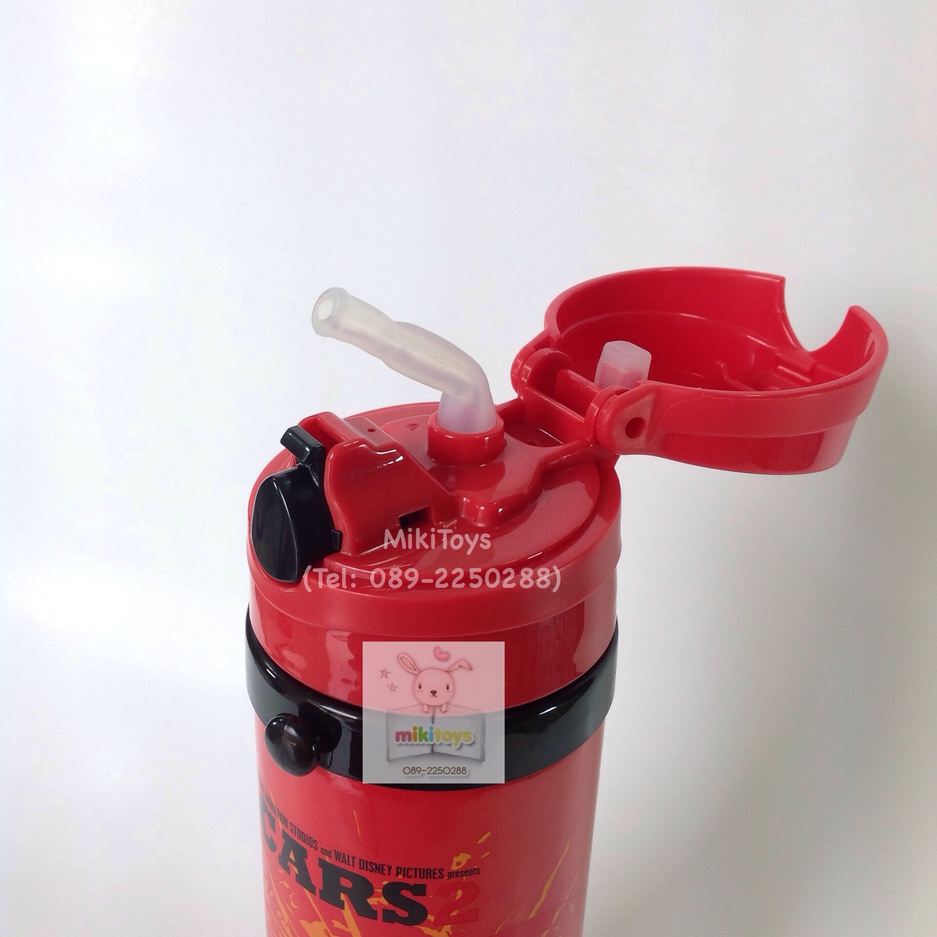 กระติกน้ำคาร์ แมคควีน Cars McQueen สีแดง ปุ่มกดสีดำ ใบใหญ่ 450ml. รุ่นกดแล้วฝาเด้ง เก็บอุณหภูมิ