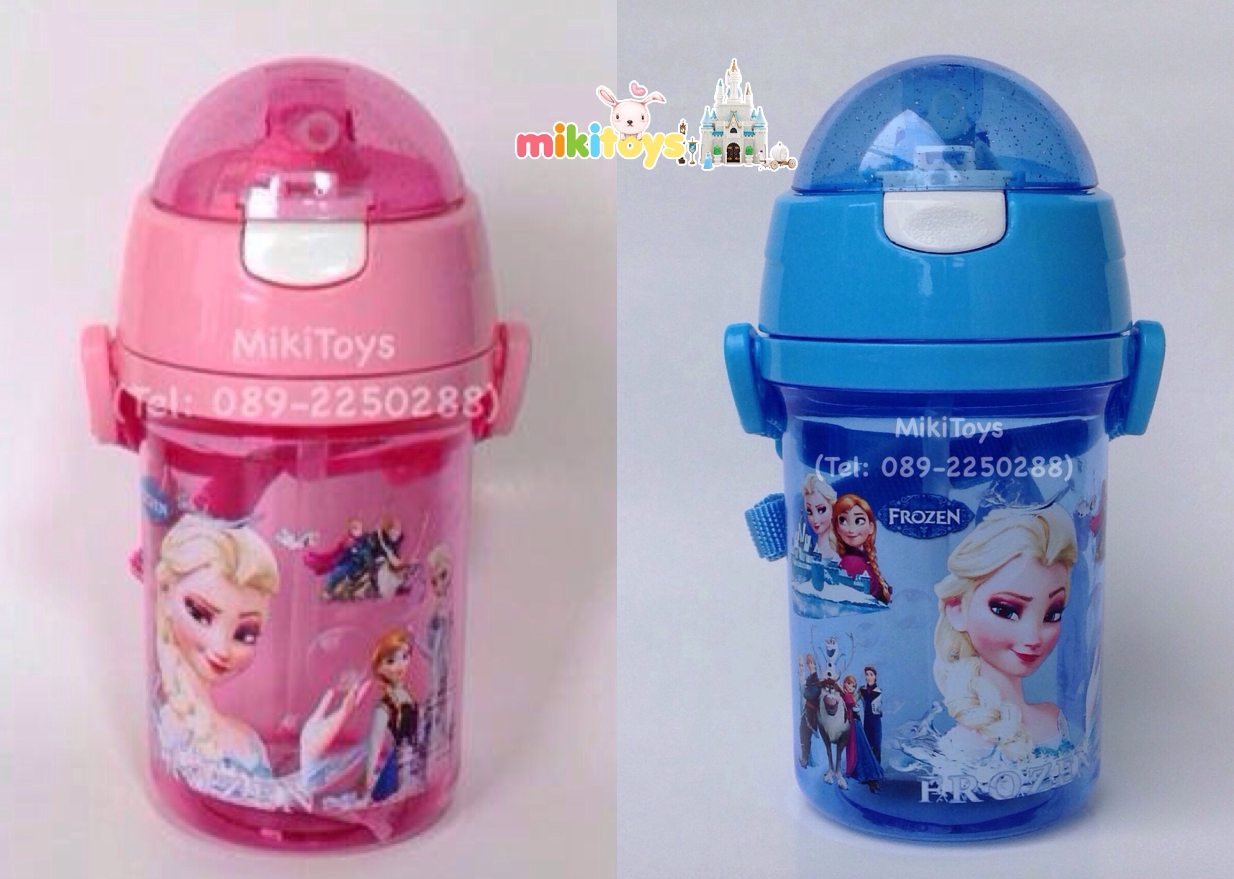 กระติกน้ำโฟรเซ่น Frozen เอลซ่า&อันนา( Anna&Elsa) สีฟ้าใส 400ml. รุ่นฝาเด้ง หลอดในตัว ลายสกรีนสวย **BPA Free ปลอดภัยค่ะ