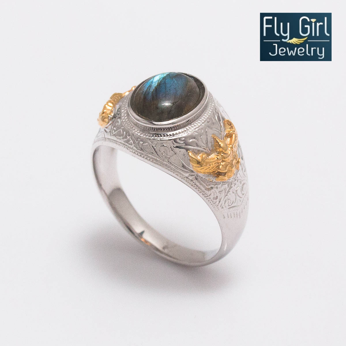 แหวนครุฑ เงินแท้ประดับพลอยลาบราโดไลต์แท้(ราศีตุลย์) ช่วยปกป้องคุ้มครองใส่เสริมดวง