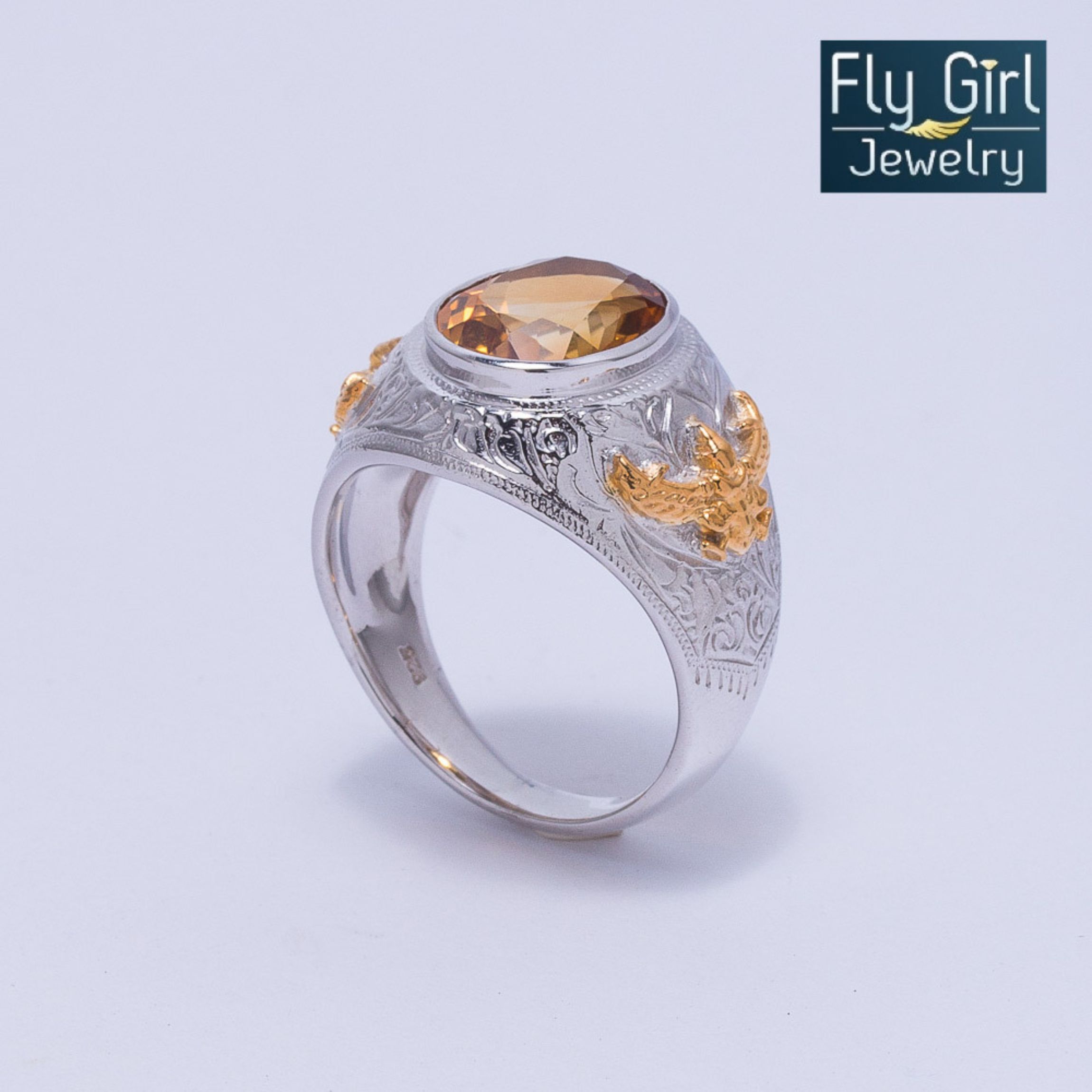 แหวนครุฑเงินแท้พลอยซิทรีนแท้ (ราศีพิจิกหรือเกิดวันจันทร์) ช่วยปกป้องคุ้มครองควรมีไว้สักวง