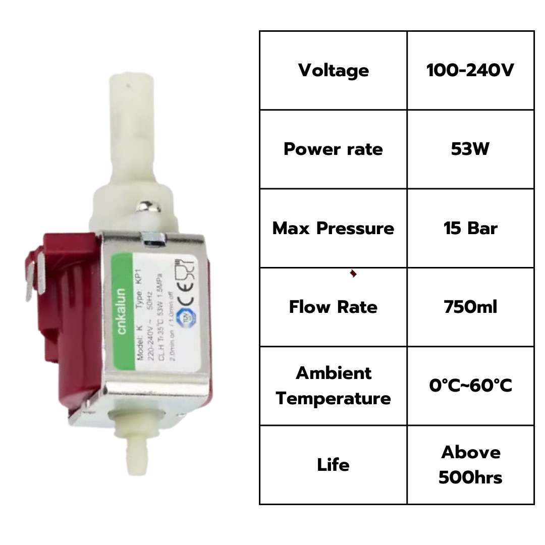 อะไหล่ปั้มเครื่องชงกาแฟ Cnkalun KP1 solenoid pump คอพลาสติก 220-240V 53W 50HZ 15BAR รหัส 0879