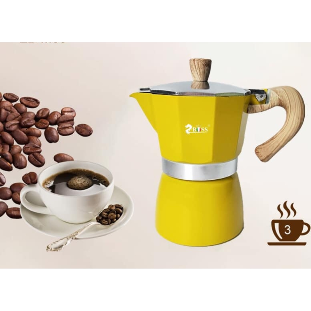 หม้อชงกาแฟ moka pot มอคค่าพอท 3 คัพ 3 Cup 150ml สีเหลือง ZB-M83 ด้ามจับไม้ รหัส 2269