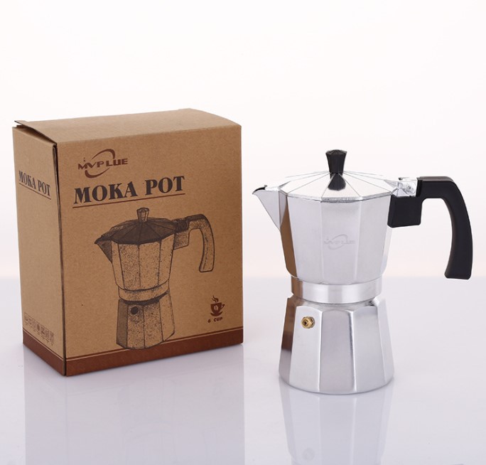 หม้อต้มกาแฟสดมอคค่าพอท (MOKA POT) อลูมิเนียม 6 ถ้วย หนา หูจับสีดำตรง 1610-1914