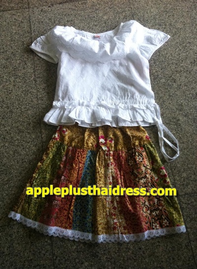 T113 ชุดไทยเด็ก เสื้อ+กระโปรงผ้าไทย