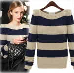 Pre Order - เสื้อกันหนาวสไตล์เกาหลี แขนยาว คอเรือ สีครีม-น้ำเงิน