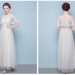 เดรสราตรียาวออกงานงานสีครีม + ผ้าคลุมซีทรู ผ้าคลุมปักดอกไม้เหมือนแบบ