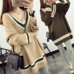 PreOrderคนอ้วน - เสื้อกันหนาว ไหมพรม คอวี สี : เขียว / เบจ