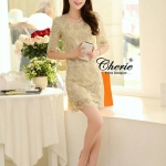 เดรสผ้าลูกไม้สีเหลือบทองลายดอกไม้