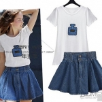 ##พร้อมส่ง## เซตคู่เสื้อยืด+กระโปรงแฟชั่นคนอ้วน เสื้อยืดสีขาวพิมพ์ลายขวดน้ำหอม กระโปรงยีนส์สียีนส์เข้ม
