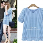 ##พร้อมส่ง## เสื้อแฟชั่นคนอ้วน ไซส์ใหญ่ เสื้อเชิ้ตแต่งลายยาว ผ้าฝ้ายโพลิเอสเตอร์ แขนสั้น สีน้ำเงิน